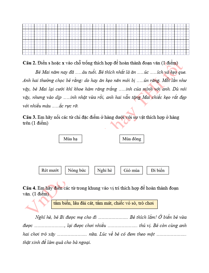 Phiếu bài tập ôn hè lớp 1 lên lớp 2 môn Tiếng Việt