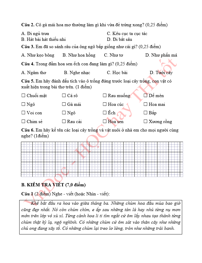 Đề ôn tập hè lớp 1 lên lớp 2 môn Tiếng Việt