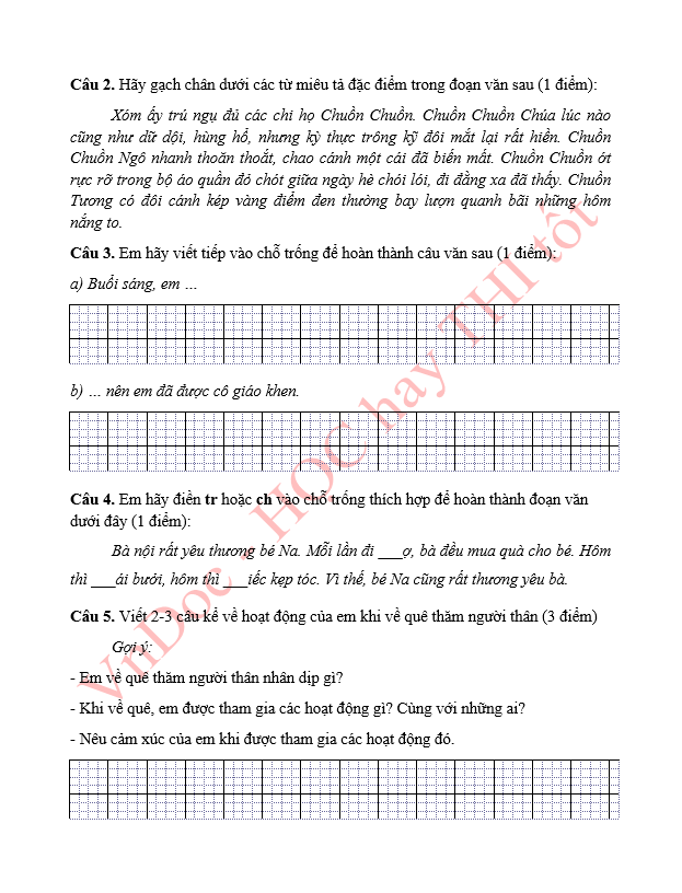Đề ôn tập hè lớp 1 lên lớp 2 môn Tiếng Việt