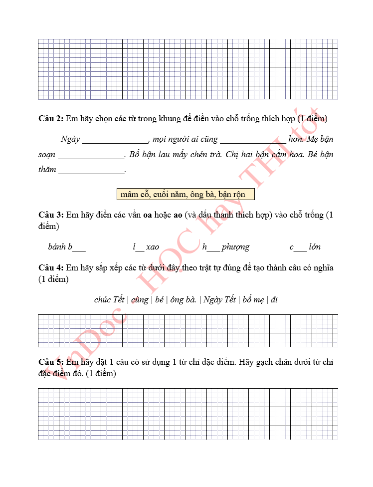 Đề ôn tập hè lớp 1 lên lớp 2 môn Tiếng Việt