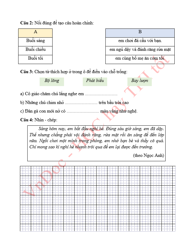Đề ôn tập hè lớp 1 lên lớp 2 môn Tiếng Việt