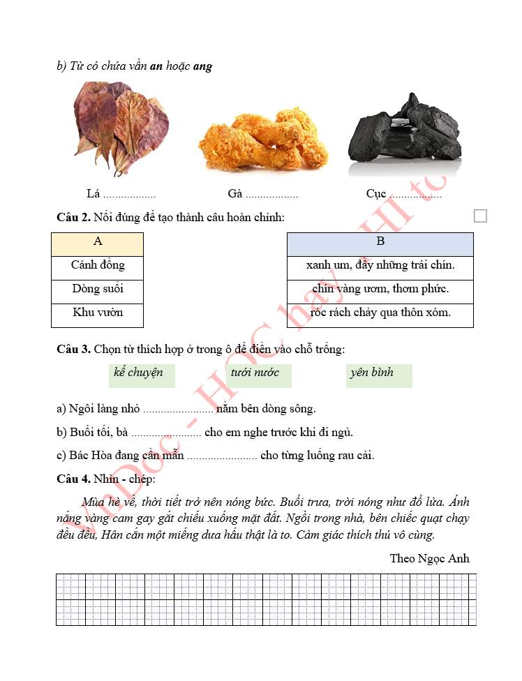 Bài tập ôn hè lớp 1 lên lớp 2 môn Tiếng Việt