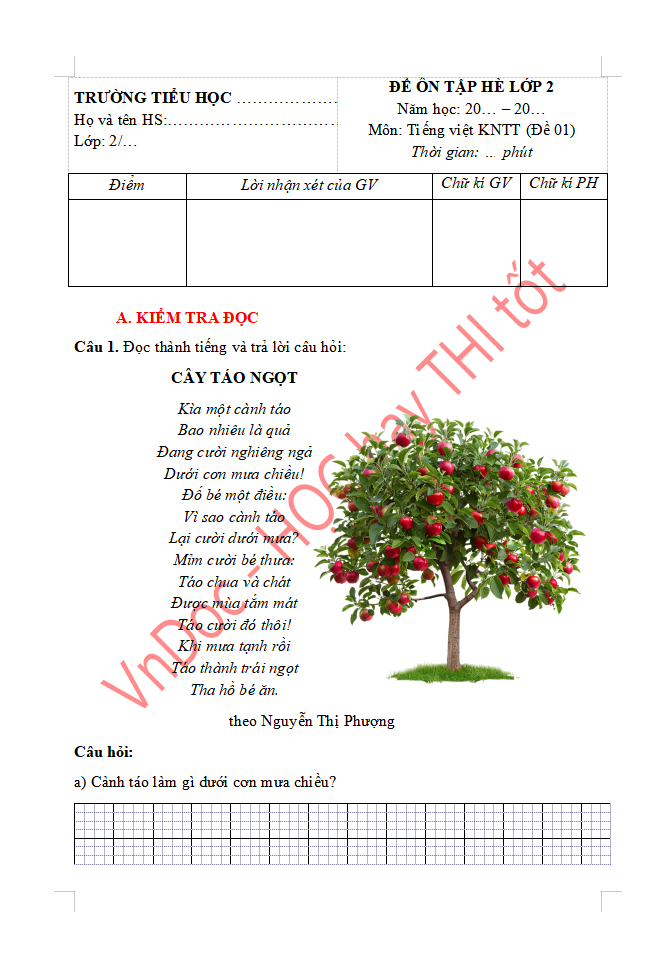 Đề ôn tập hè lớp 2 lên lớp 3 môn Tiếng Việt