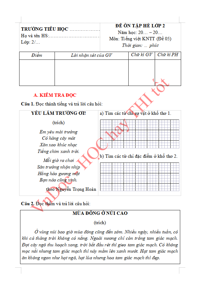 Đề ôn tập hè lớp 2 lên lớp 3 môn Tiếng Việt
