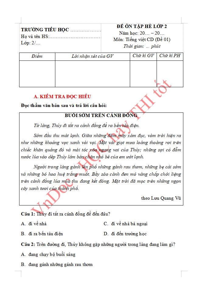 Phiếu bài tập ôn hè lớp 2 lên lớp 3 môn Tiếng Việt