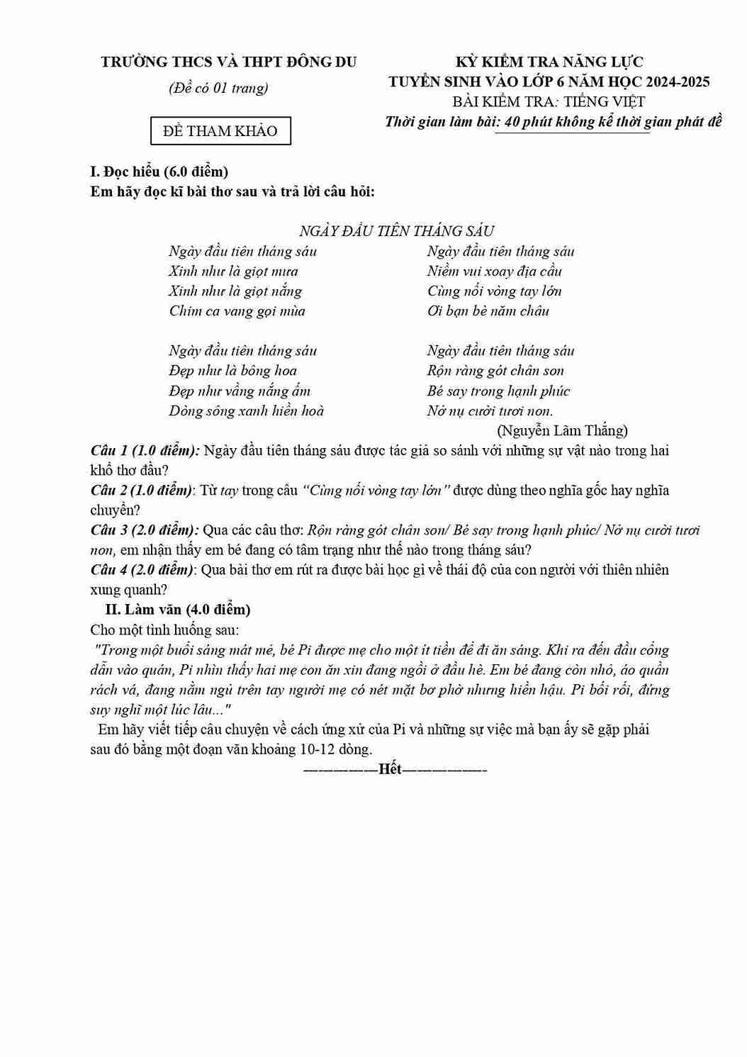 Đề kiểm tra năng lực vào lớp 6 môn Tiếng Việt