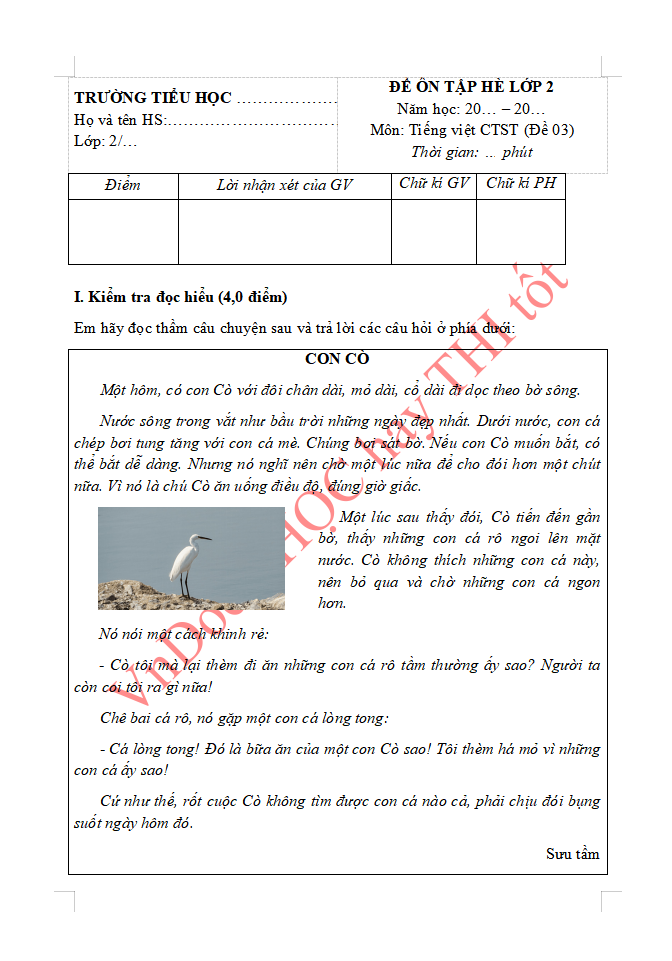 Phiếu bài tập ôn hè lớp 2 lên lớp 3 môn Tiếng Việt