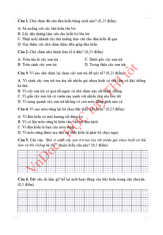 Đề ôn tập hè lớp 2 lên lớp 3 môn Tiếng Việt
