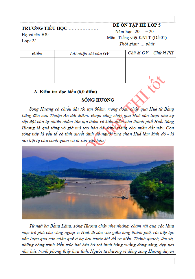 Đề ôn tập hè lớp 5 lên lớp 6 môn Tiếng Việt