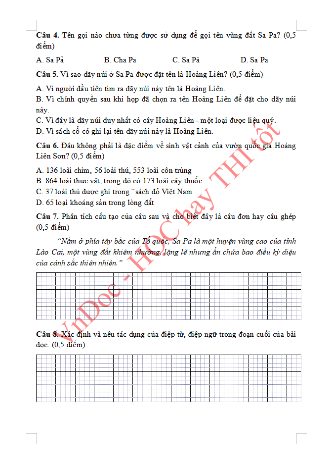 Đề ôn tập hè lớp 5 lên lớp 6 môn Tiếng Việt