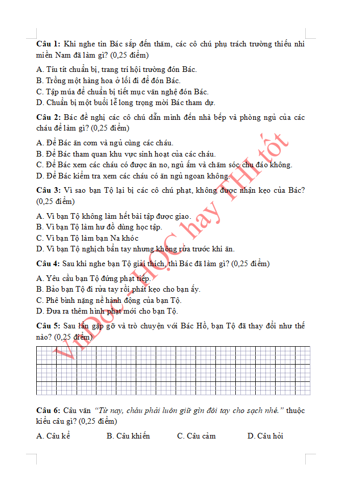 Đề ôn tập hè lớp 3 lên lớp 4 môn Tiếng Việt