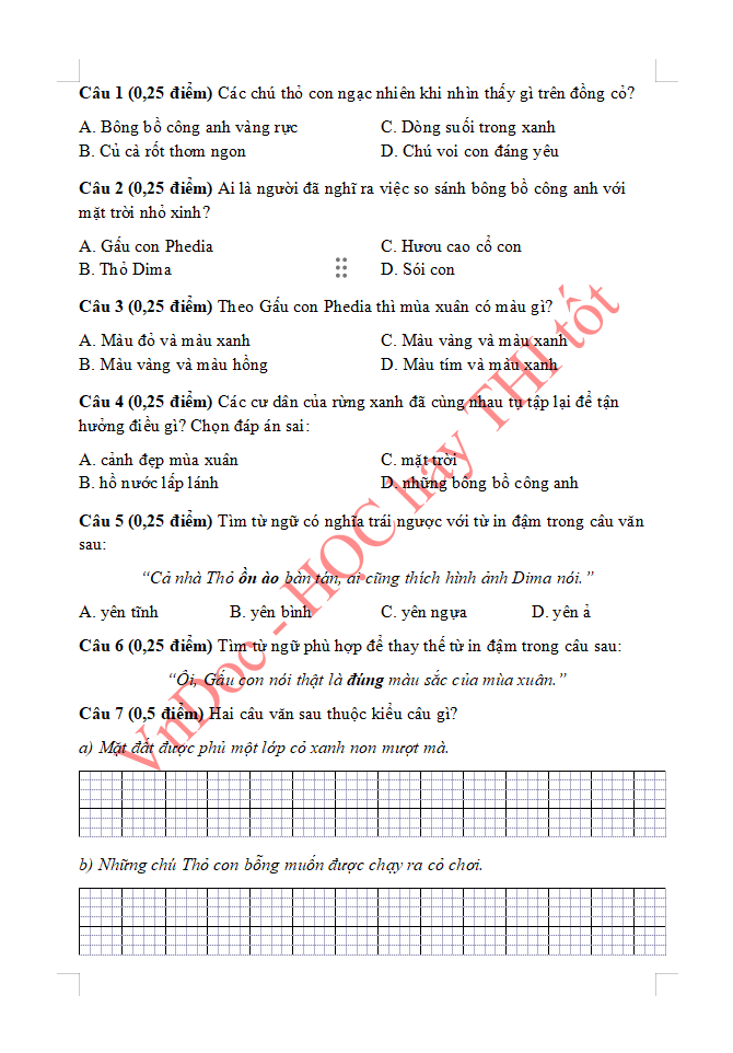 Đề ôn tập hè lớp 3 môn Tiếng Việt sách Cánh Diều