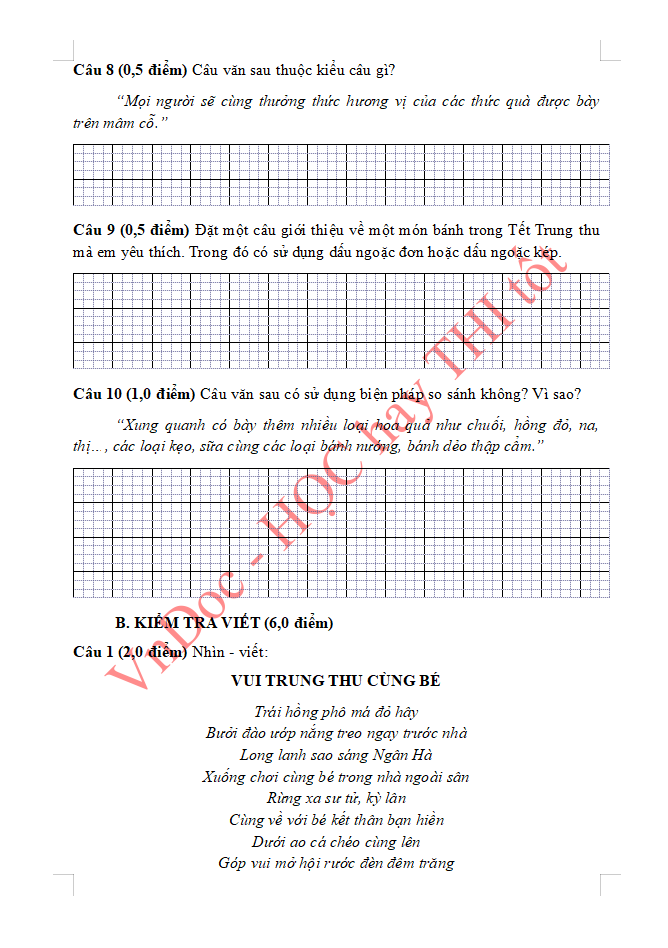Đề ôn tập hè lớp 3 lên lớp 4 môn Tiếng Việt