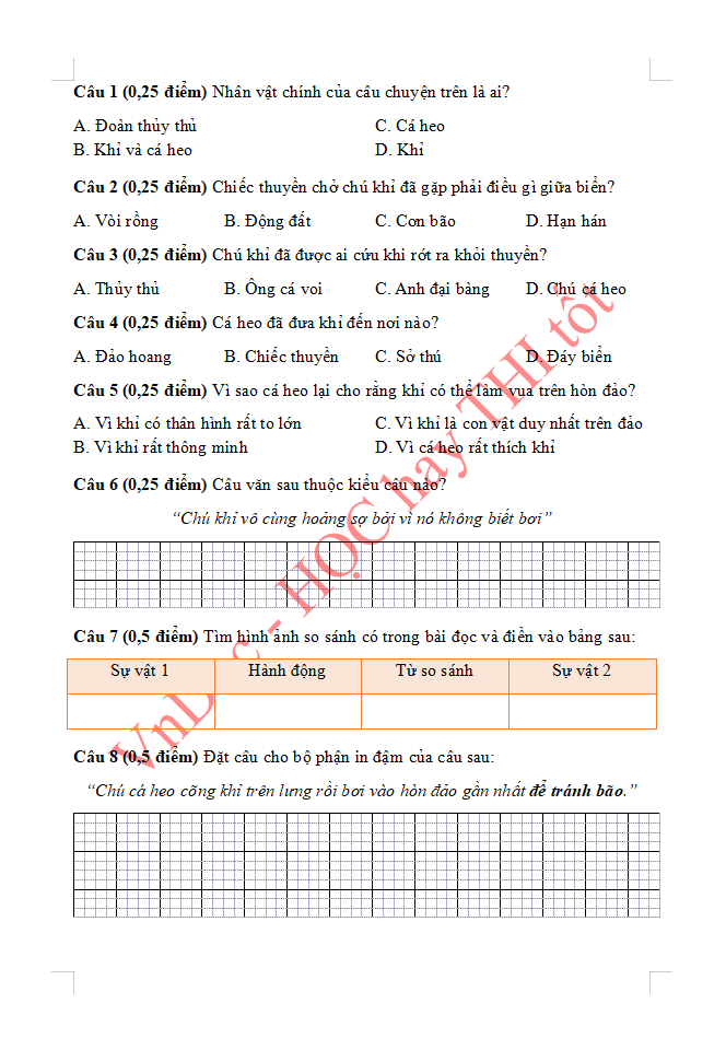 Đề ôn tập hè lớp 3 lên lớp 4 môn Tiếng Việt 