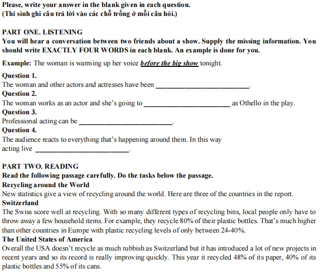 Đề thi vào lớp 6 môn Tiếng Anh Trần Đại Nghĩa 2023