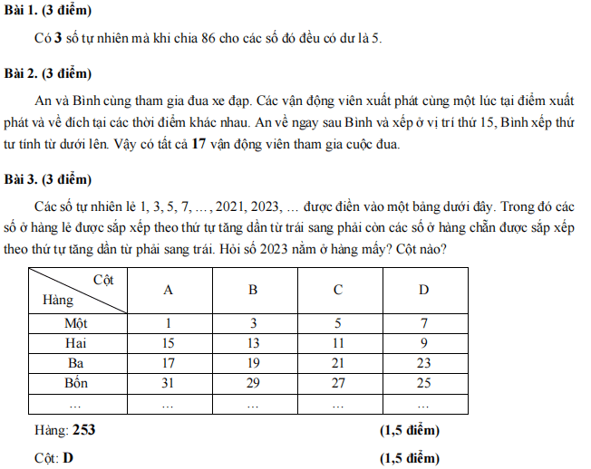 Đáp án đề thi vào lớp 6 môn Toán Trần Đại Nghĩa 2023