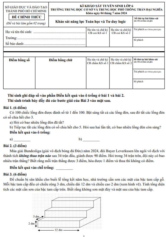 Đề thi vào lớp 6 môn Toán Trần Đại Nghĩa 2024