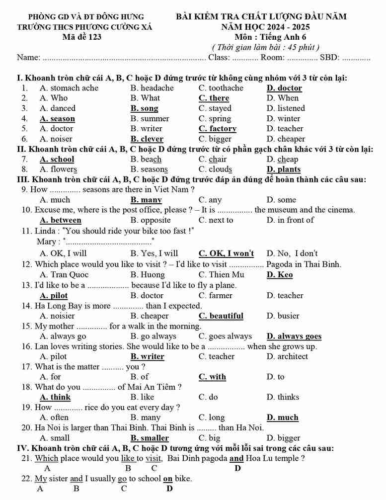Đề kiểm tra năng lực vào lớp 6 môn Tiếng Anh