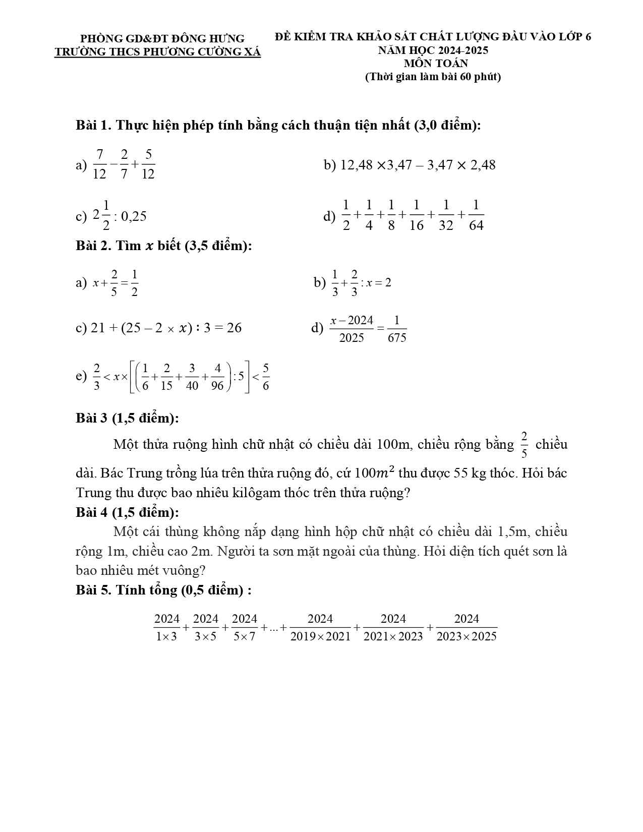 Đề kiểm tra năng lực vào lớp 6 môn Toán