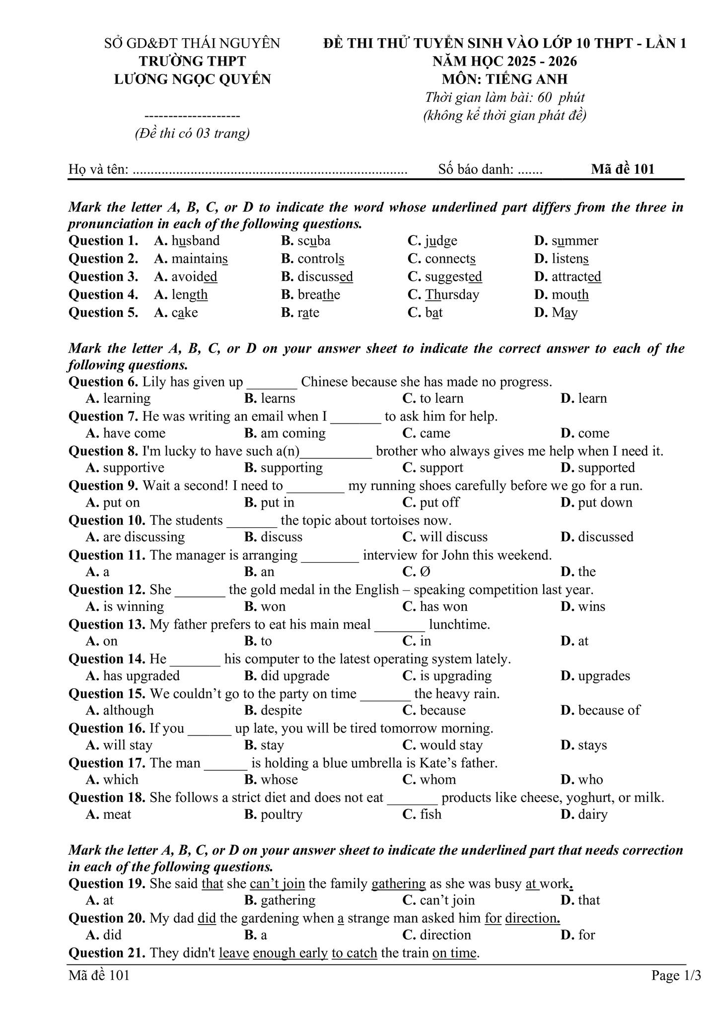 Đề thi thử Tiếng Anh vào lớp 10 trường THPT Lương Ngọc Quyến, Thái Nguyên minh họa 1