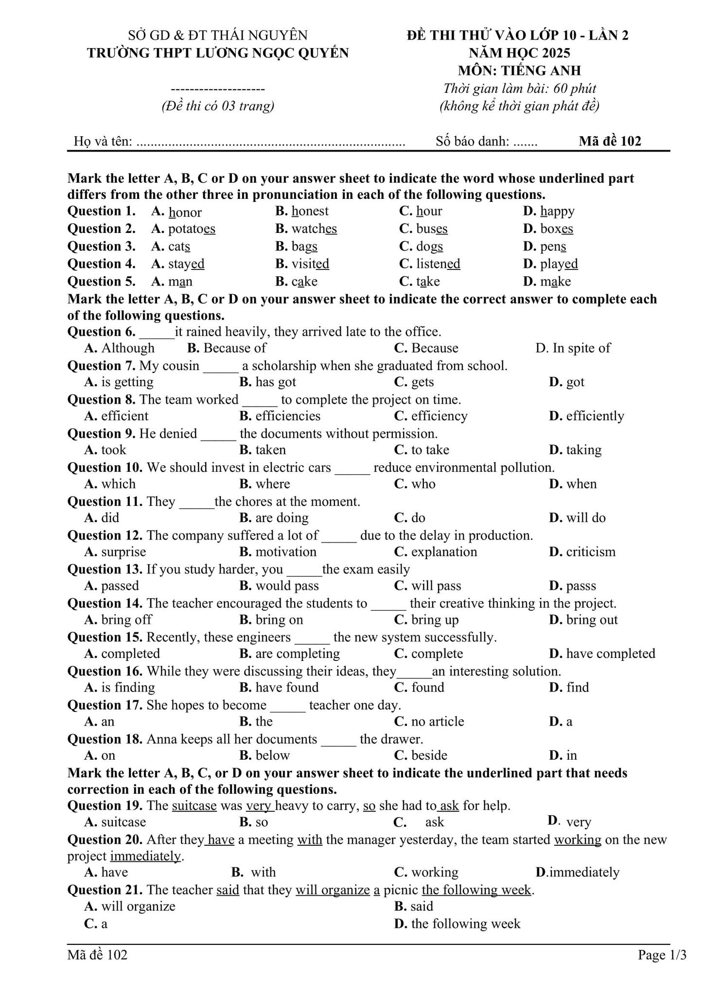 Đề thi thử Tiếng Anh vào lớp 10 trường THPT Lương Ngọc Quyến, Thái Nguyên số 2 minh họa 1