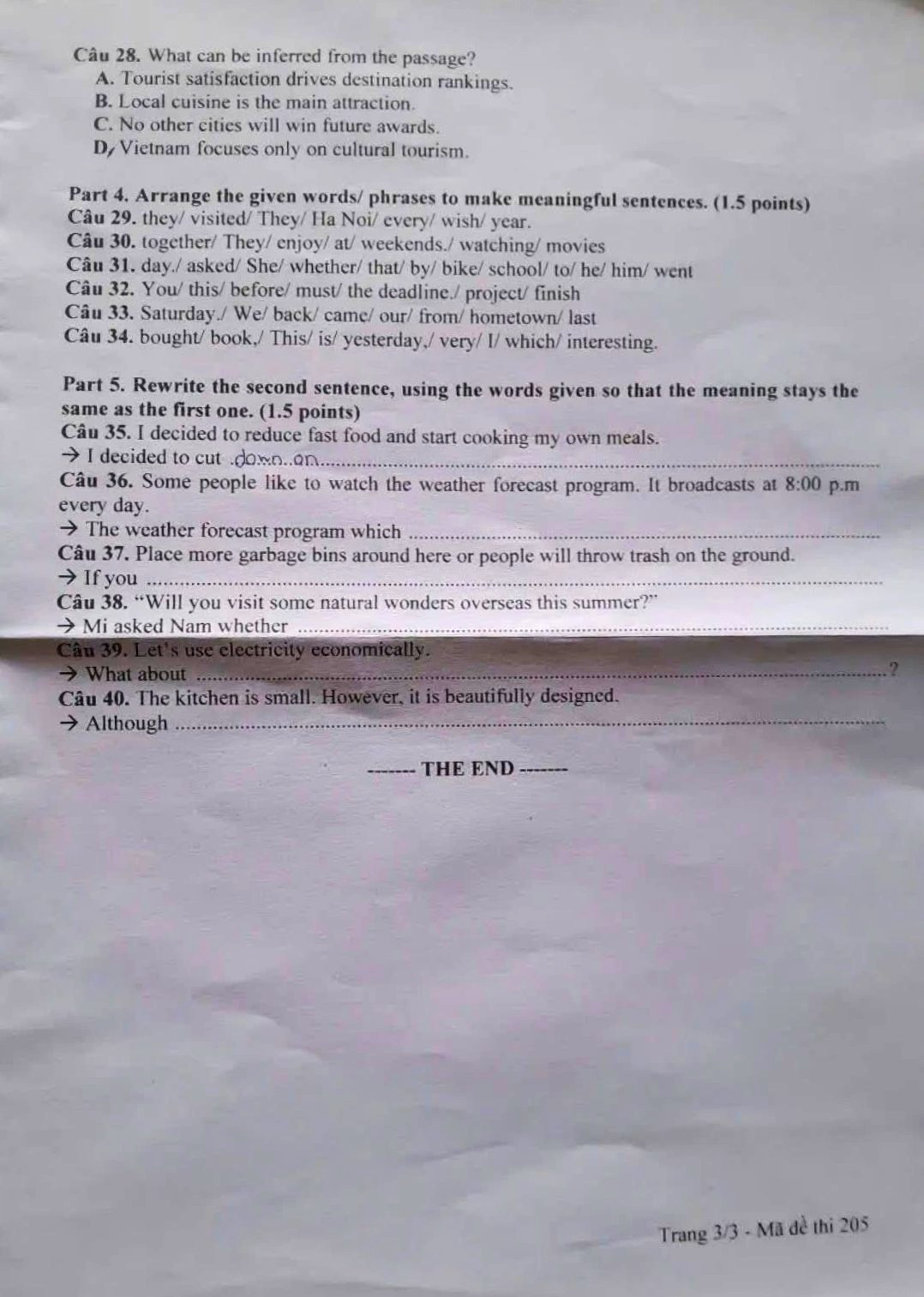 Đề thi tuyển sinh vào lớp 10 môn tiếng Anh Bạc Liêu minh họa 3