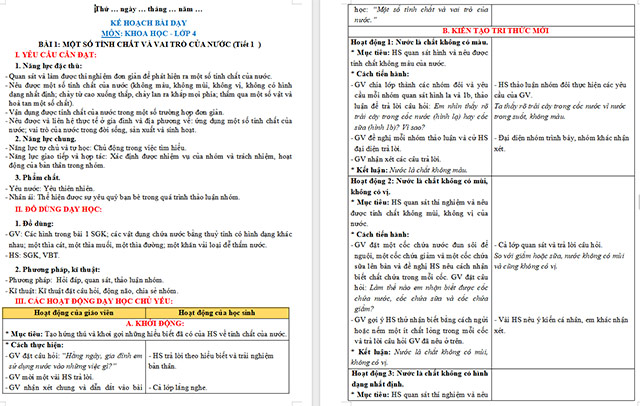 Giáo án Khoa học 4 Một số tính chất và vai trò của nước
