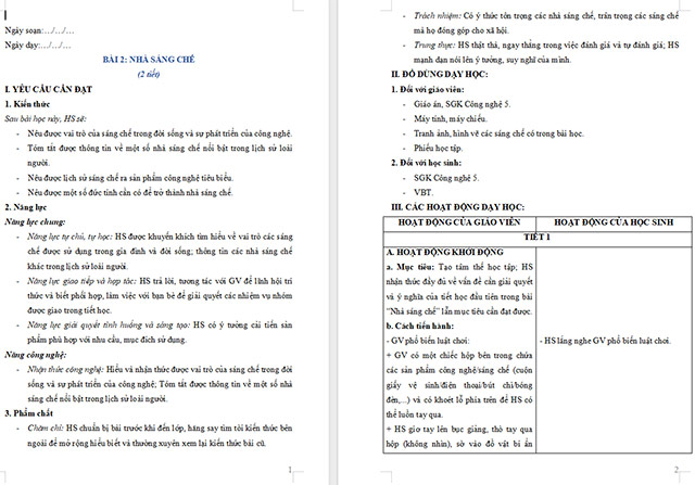 Giáo án Công nghệ 5 Nhà sáng chế