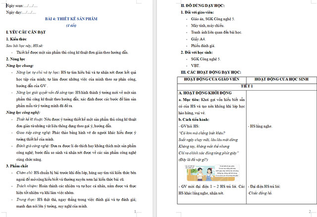 Giáo án Công nghệ 5 Thiết kế sản phẩm