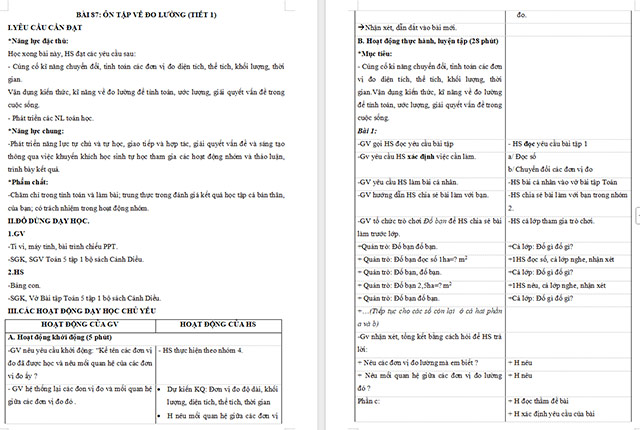 Giáo án Toán 5 Ôn tập về đo lường