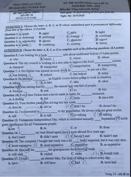 Đề thi tuyển sinh vào lớp 10 môn tiếng Anh Lai Châu Chính thức 2025 minh họa 1