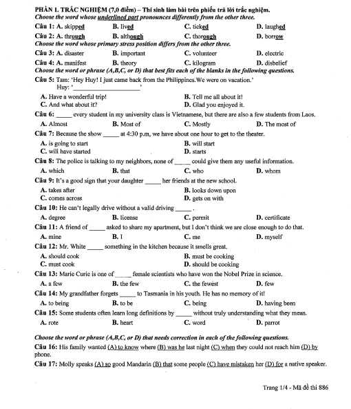 Đề thi vào lớp 10 Tiếng Anh Phổ thông năng khiếu HCM minh họa 1