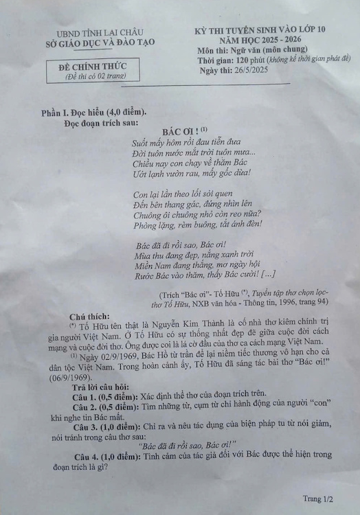 Đề thi lớp 10 môn Ngữ văn tỉnh Lai Châu năm 2025. Ảnh: Minh Châu