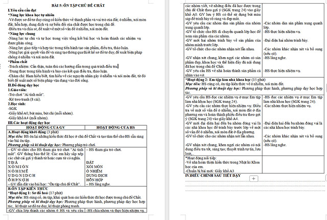 Giáo án Khoa học 5 Ôn tập chủ đề Chất