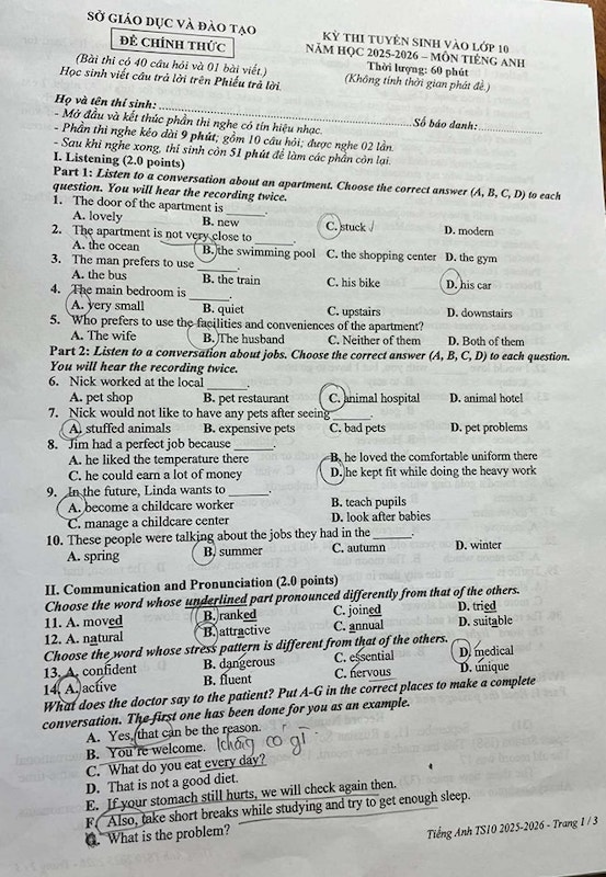Đáp án đề thi tuyển sinh lớp 10 môn Anh tỉnh Bình Dương năm 2025 minh họa 1