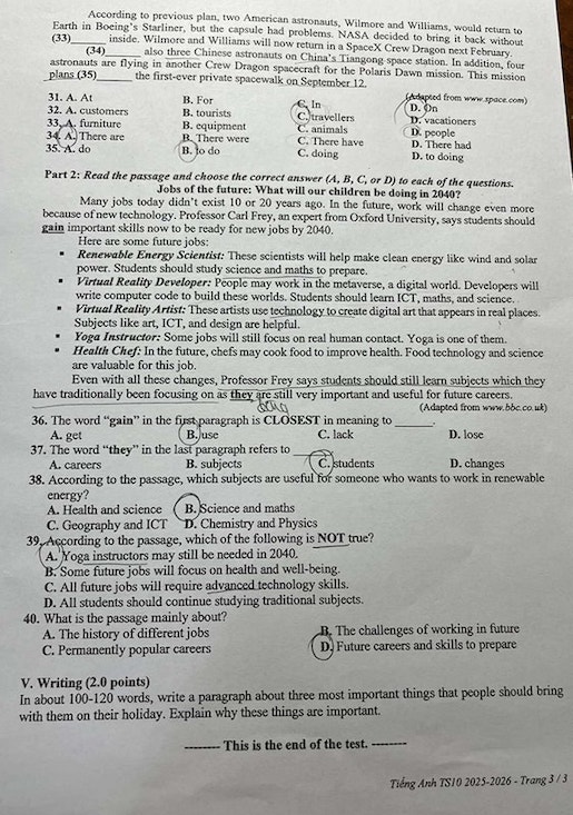 Đáp án đề thi tuyển sinh lớp 10 môn Anh tỉnh Bình Dương năm 2025 minh họa 1