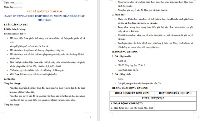 Giáo án Toán 5 Ôn tập các phép tính với số tự nhiên, phân số, số thập phân