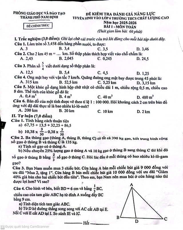 Đề thi vào lớp 6 trường THCS Trần Đăng Ninh năm 2025 - 2026