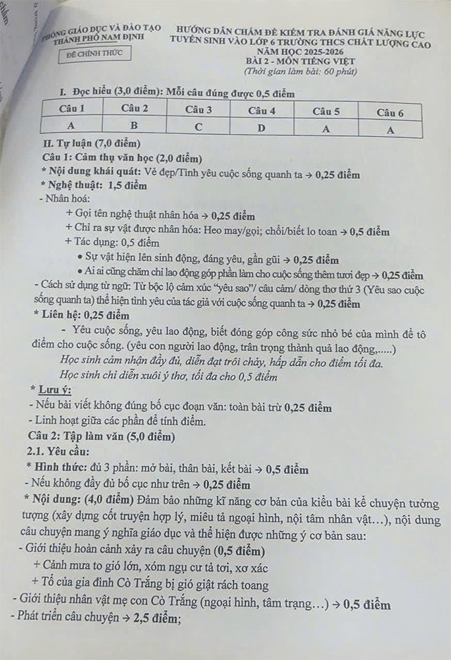Đề thi vào lớp 6 trường THCS Trần Đăng Ninh năm 2025 - 2026
