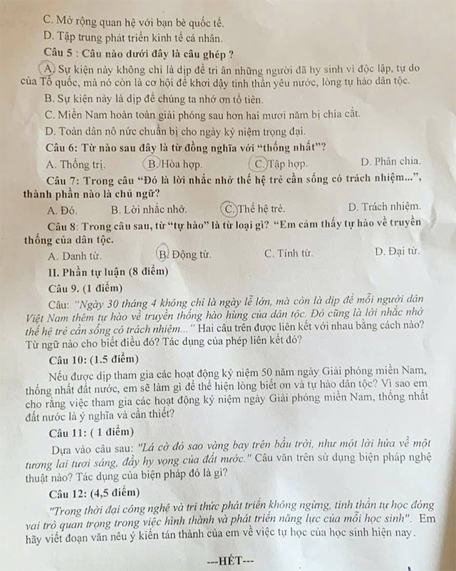 Đề thi vào lớp 6 môn Tiếng Việt trường THCS Trần Huy Liệu