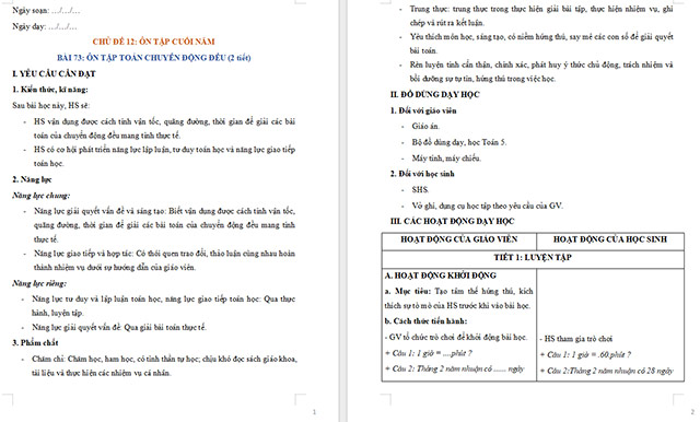Giáo án Toán 5 Ôn tập toán chuyển động đều