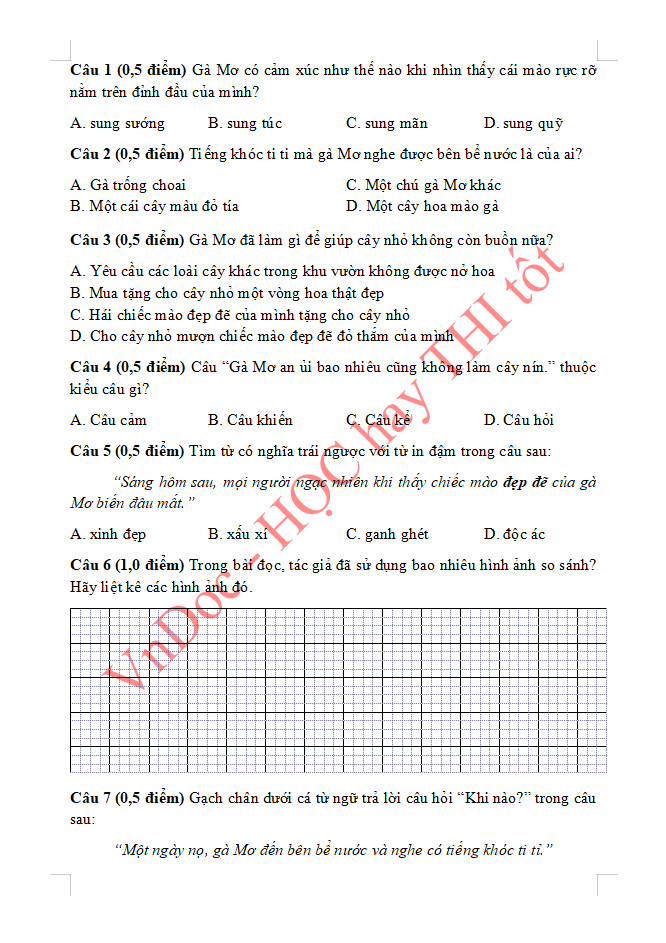 Đề ôn tập hè lớp 3 lên lớp 4 môn Tiếng Việt