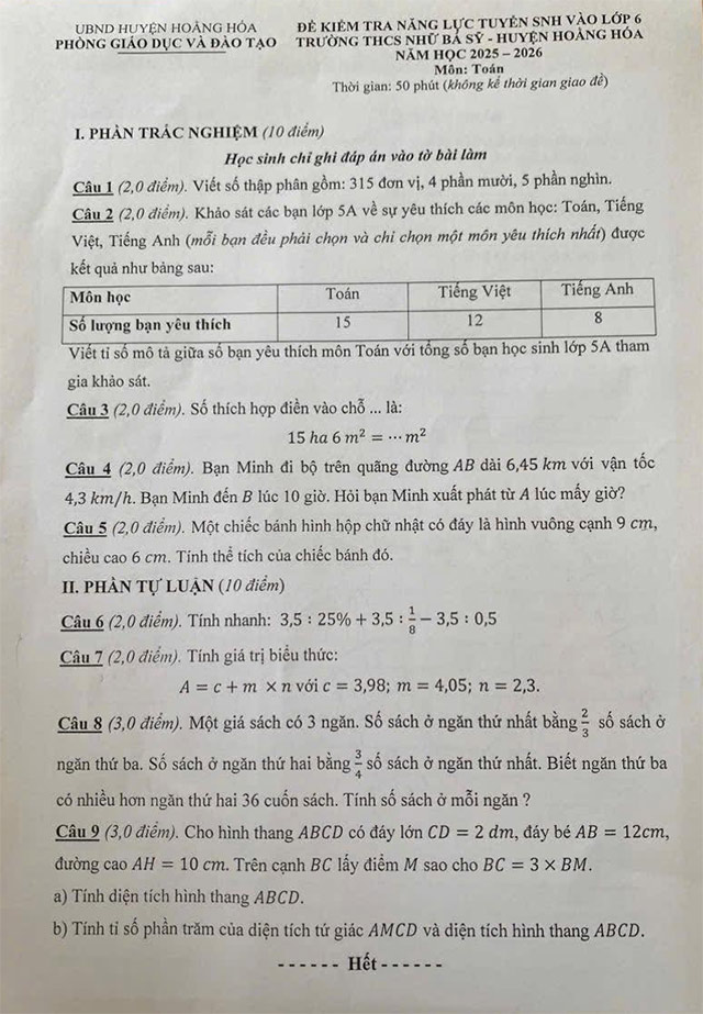 Đề thi vào lớp 6 môn Toán trường THCS Nhữ Bá Sỹ