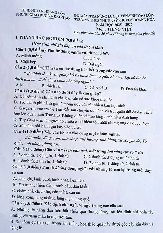 Đề thi vào lớp 6 môn Tiếng Việt trường THCS Nhữ Bá Sỹ