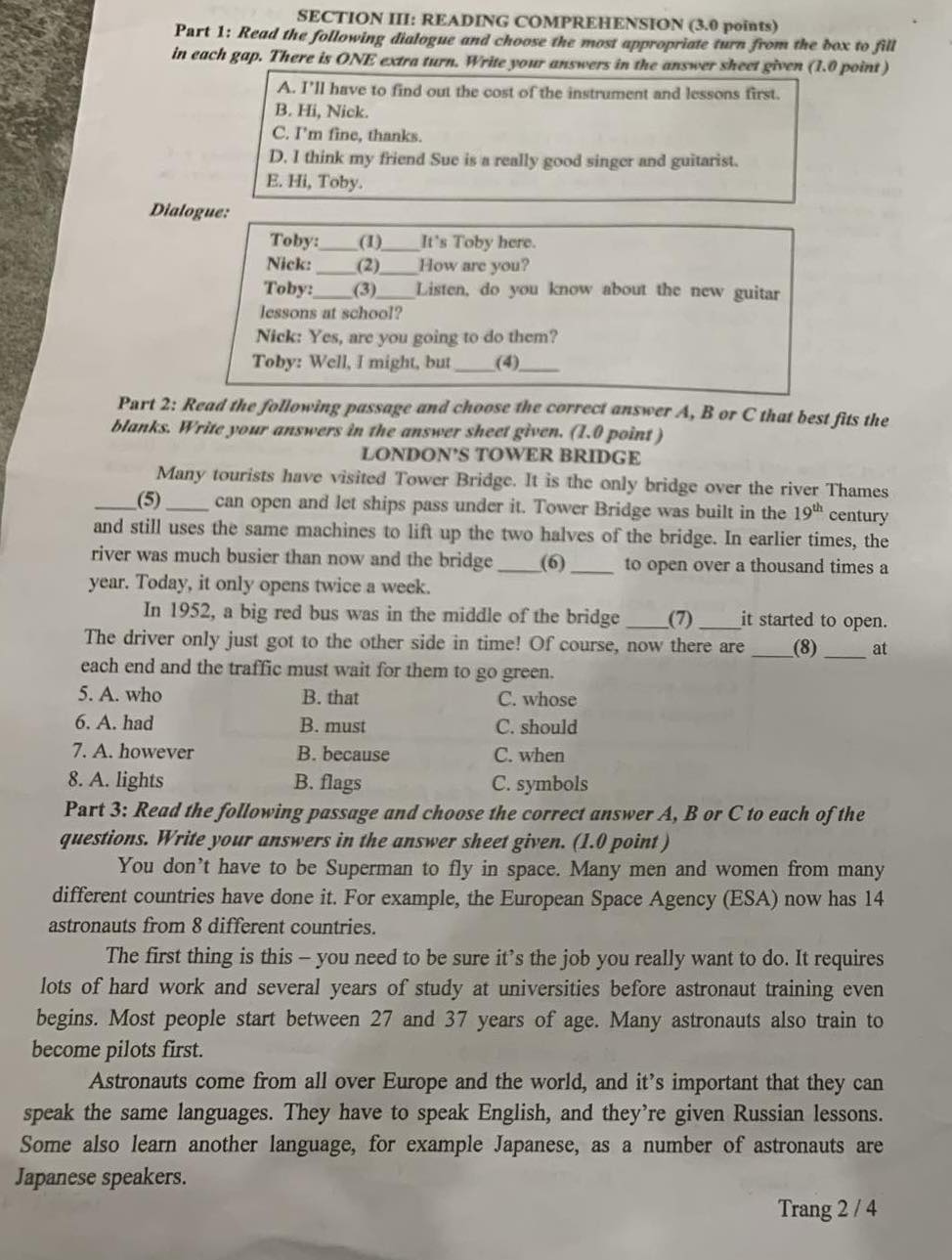 Đáp án đề thi tuyển sinh lớp 10 môn Anh Quảng Trị minh họa 2