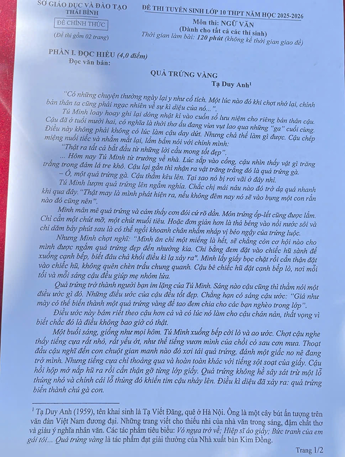 Đề thi tuyển sinh lớp 10 môn Văn Thái Bình 2025