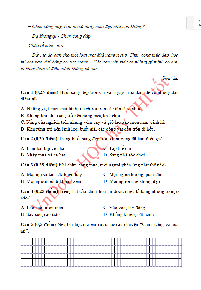 Đề ôn tập hè lớp 3 lên lớp 4 môn Tiếng Việt