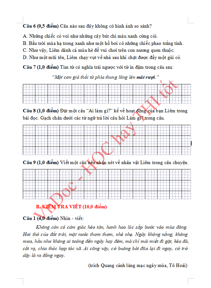Đề ôn tập hè lớp 3 lên lớp 4 môn Tiếng Việt