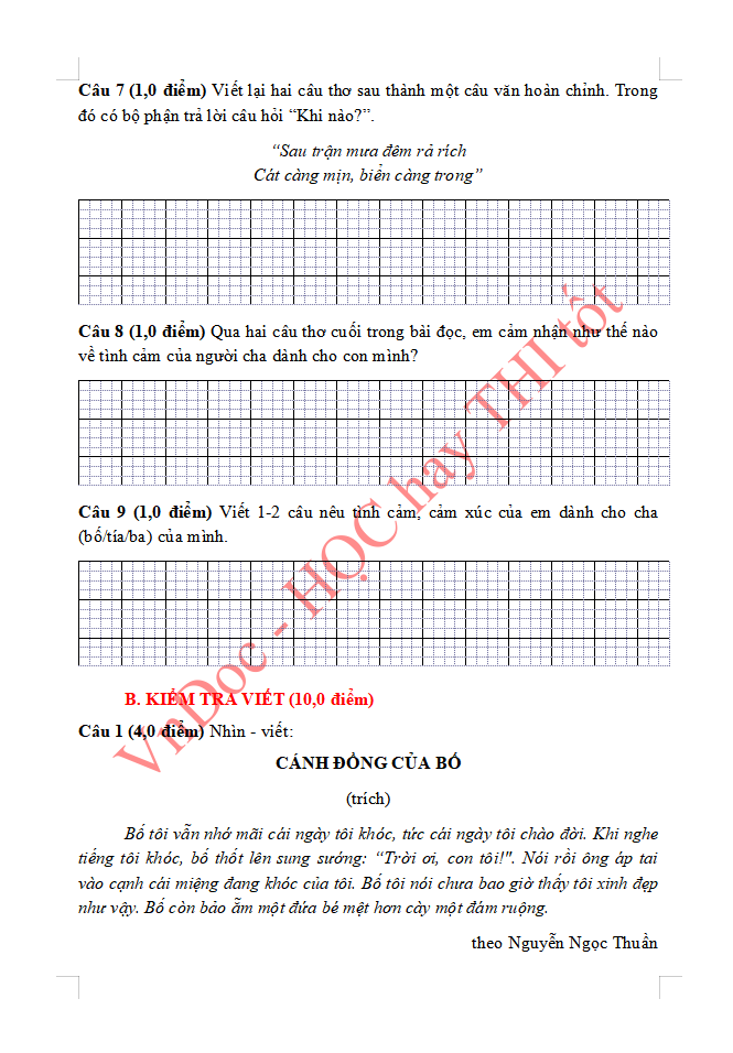 Đề ôn tập hè lớp 3 lên lớp 4 môn Tiếng Việt