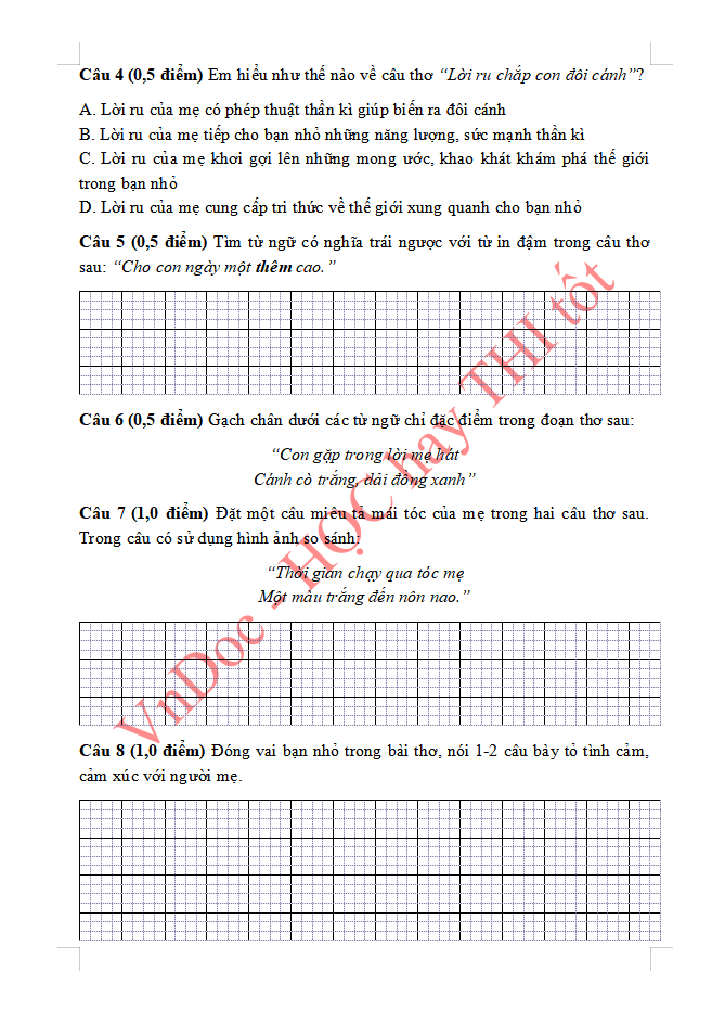 Đề ôn tập hè lớp 3 lên lớp 4 môn Tiếng Việt